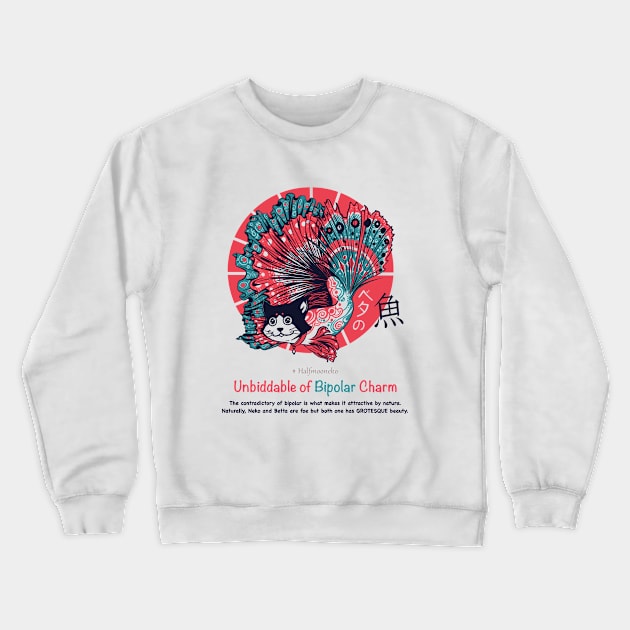 Cute Funny Betta Cat Fish Japanese Style Unbiddable of Bipolar Charm Nekocheng #007 Halfmooneko Crewneck Sweatshirt by Sekaifi Studio